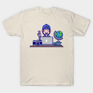 Happy Man Working On Laptop Cartoon T-Shirt